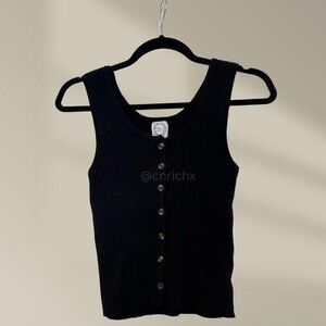 Blue Rain Black Ribbed Tank Top with Buttons